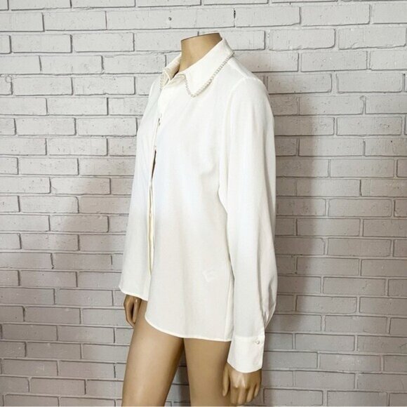 Zara White Pearl Lapel Crepe Shirt NWT Size L • Hidden Buttons • Elegant Blouse - Picture 4 of 9